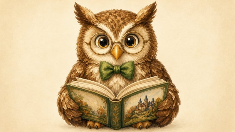 A friendly owl holding a storybook